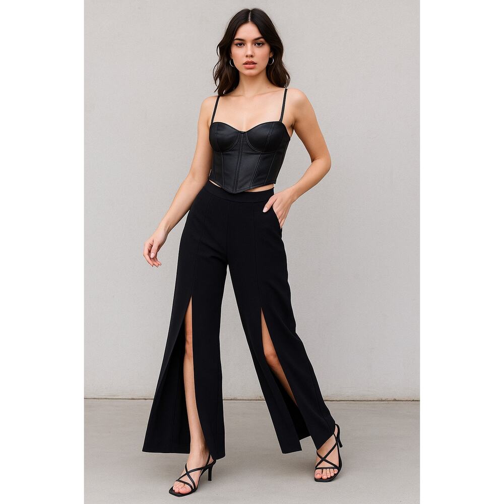 Elie Tahari Wide Leg Front Slit Trousers Black Flowy Size 4 Slit Leg Pants